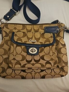 Coach Brown Signature Canvas Crossbody with Navy Trim